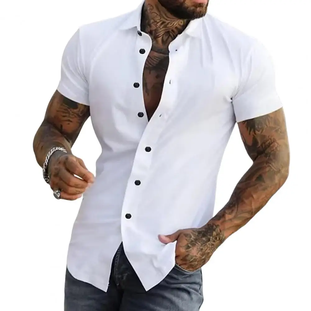 Short Sleeved Lapel Shirt Thin Solid Color Sports Casual Cardigan Business Shirt Oversized M-3xl