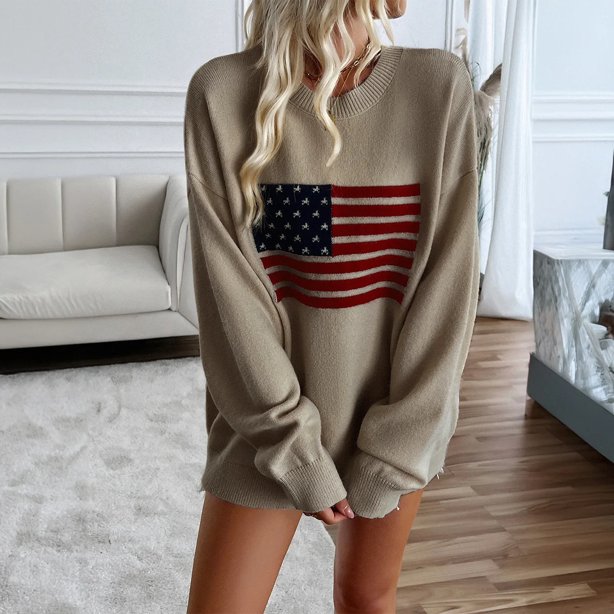 2025 Autumn American Flag Top Women's Casual Loose Long Sleeve Sweater Independence Day Gift M