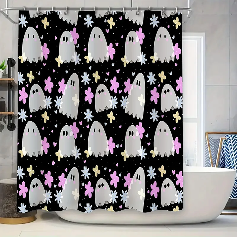 

Cute Ghost Shower Curtain Halloween Spooky Decor Bathroom Set Van Gogh Style Kawaii Gothic Wall Hanging Backdrop Holiday Party