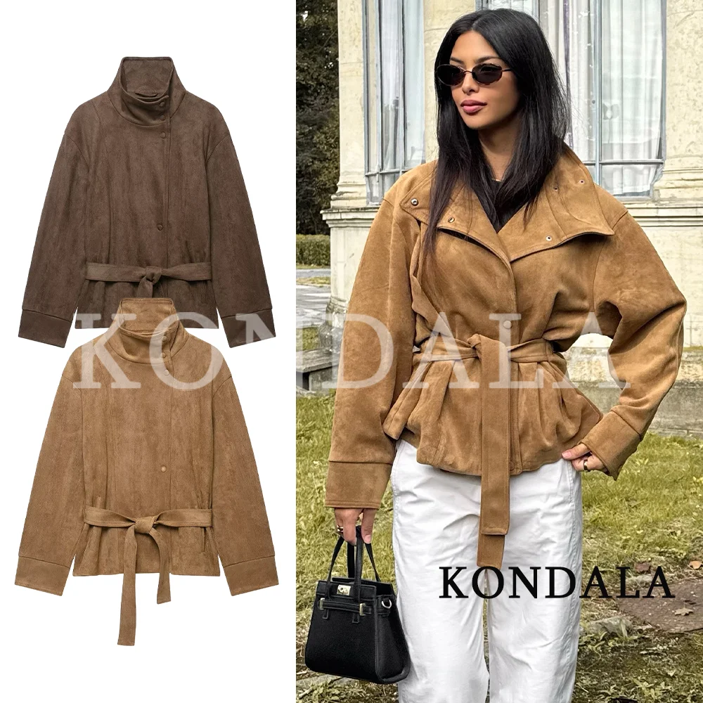 Women Fall Winter Elegant Faux Suede Coat Vintage Chic Stand-Collar Belt Waisted Jacket Coat KONDALA 2026 Trendy Streetwear Coat