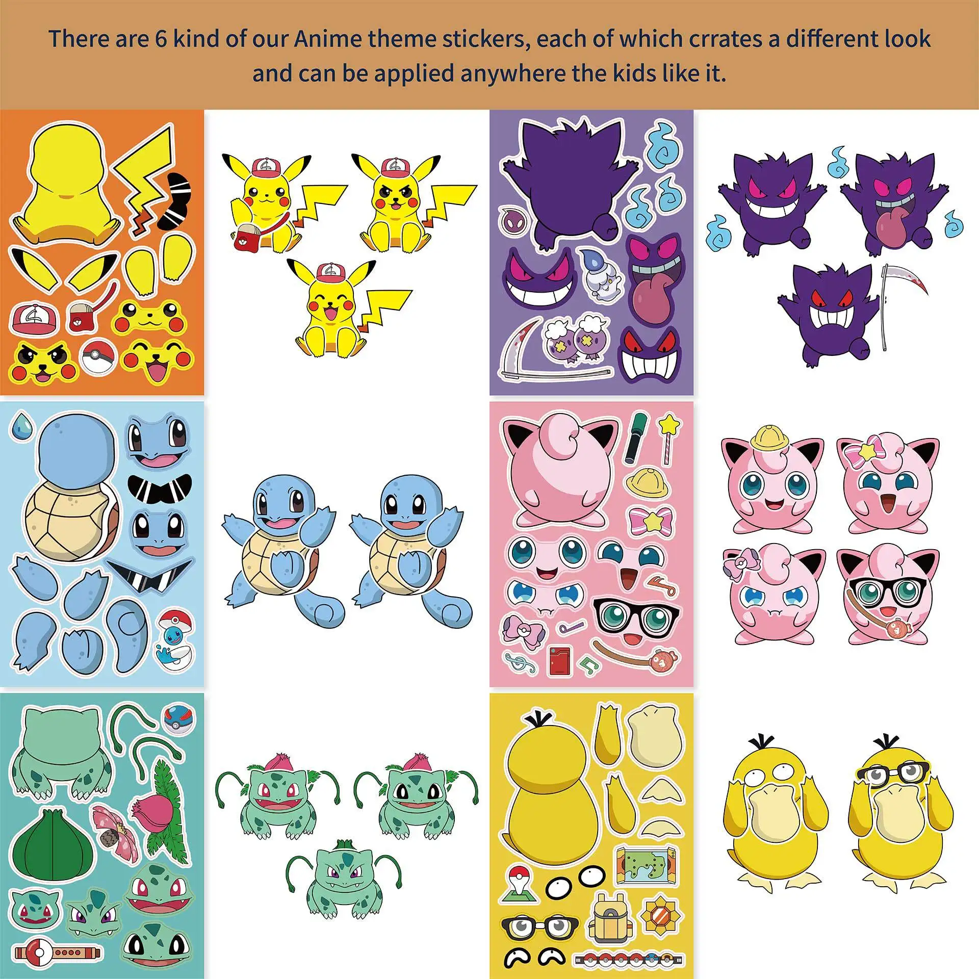 6/12 Blatt Pokemon Puzzle Aufkleber machen ein Gesicht Aufkleber Kinderspiel zeug niedlichen Pikachu Gengar Aufkleber Geschenk Dekoration Anime Graffiti Spielzeug