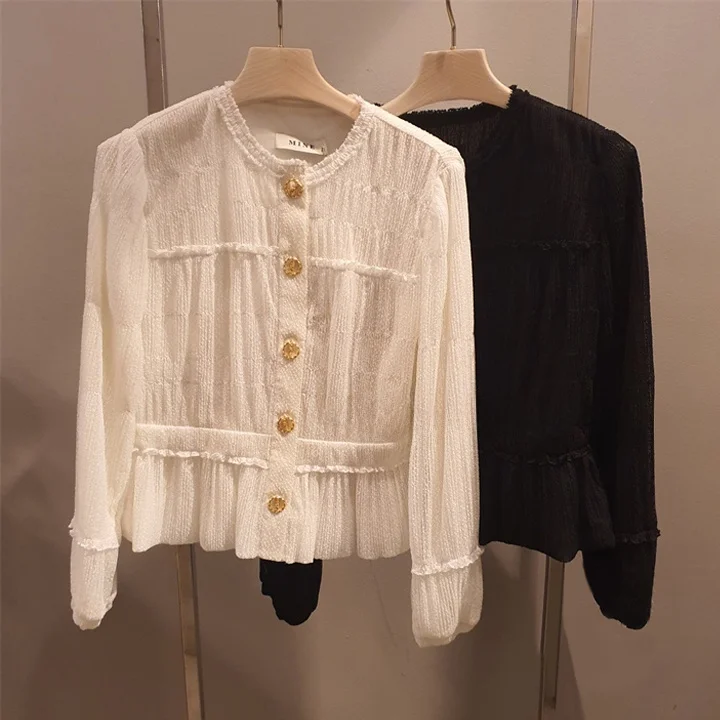 

Heavyweight round Ne Pleated Commuter Slimming Me irt Korean Sle Long Sve Button up Pure Color QPP Women's irt