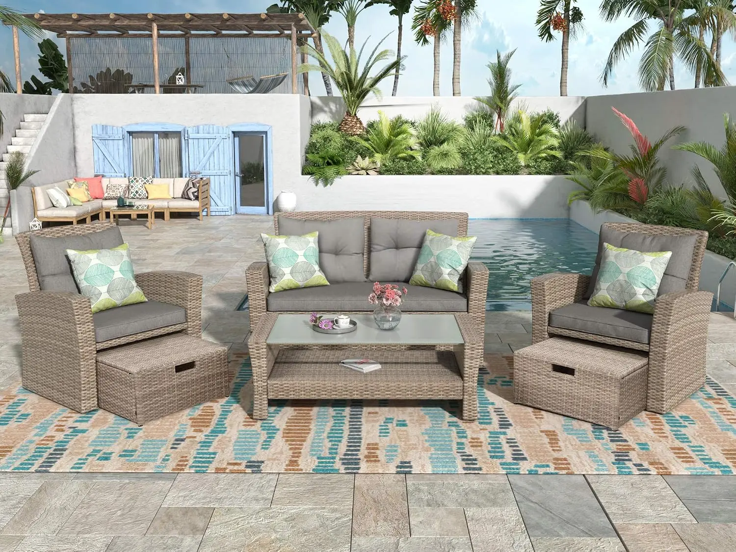 All Weather Wicker Patio Sectional Sofa Set 4 Piece With Ottoman & Cushions Outdoor Conversation, Customized
