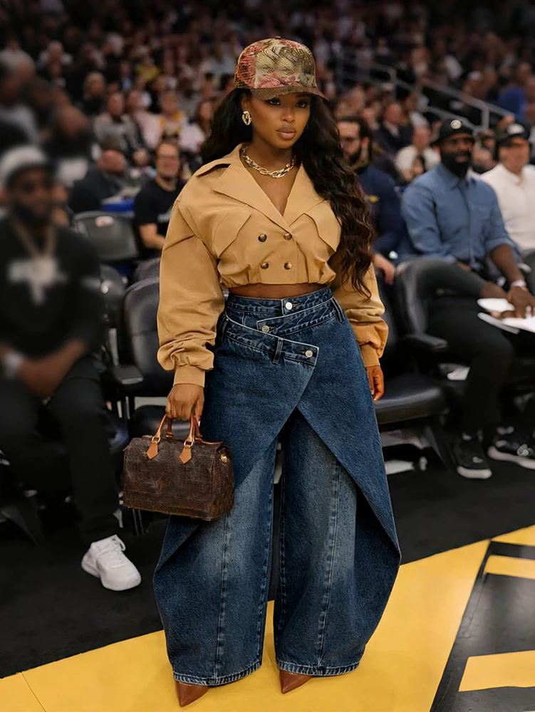 JENYAGE Women Asymmetrical Wrap Overlap Wide Leg Pants High Waist Irregular Layered Trousers Y2K Streetwear Casual Baggy Jeans
