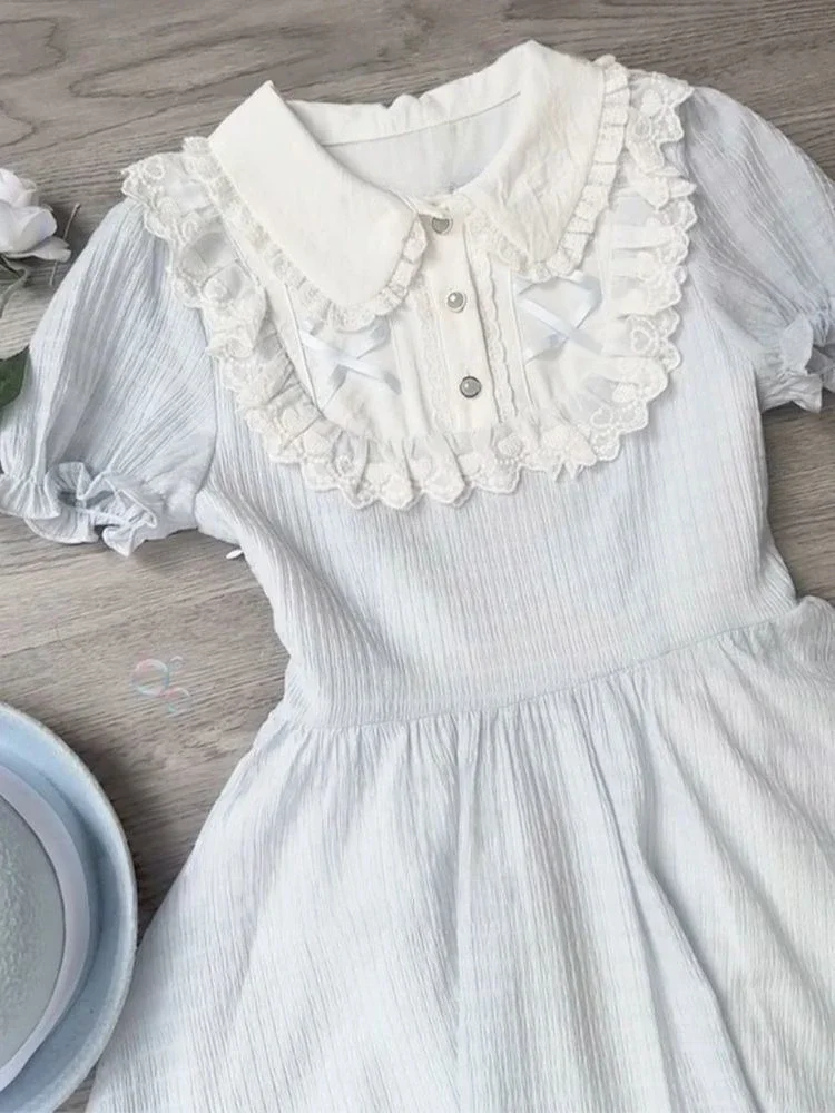 일본 로리타 레이스 패치워크 스위트 드레스 여성 카와이 소녀 러플 로브 여름 귀여운 베스티도스 Y2k 에스테틱 플리츠 드레스