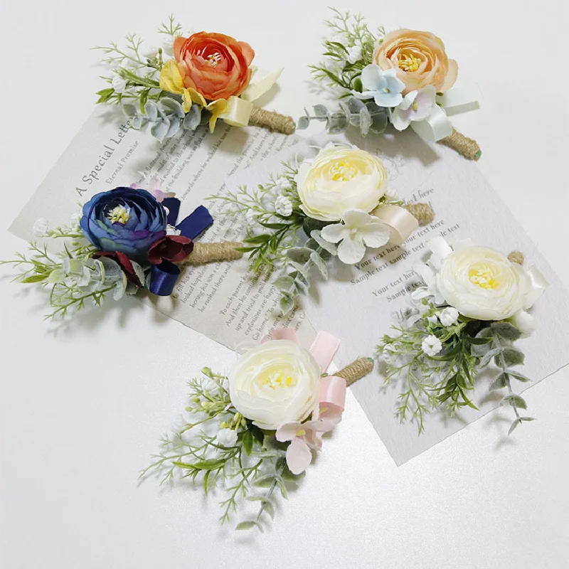 Boutonniereと手首のコルサg、ビジネスのお祝いの手書きフラワー、シミュレーションフラワー、結婚式用品、写真アクセサリー、マルチカラー、282