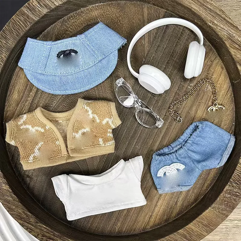 17 سنتيمتر ملابس دمى الدائمة قلادة Labubu دمية استبدال مجموعة لطيف قوس قزح أعلى بالإضافة إلى قبعة الوردي مناسبة لمجموعة ملابس Labubu