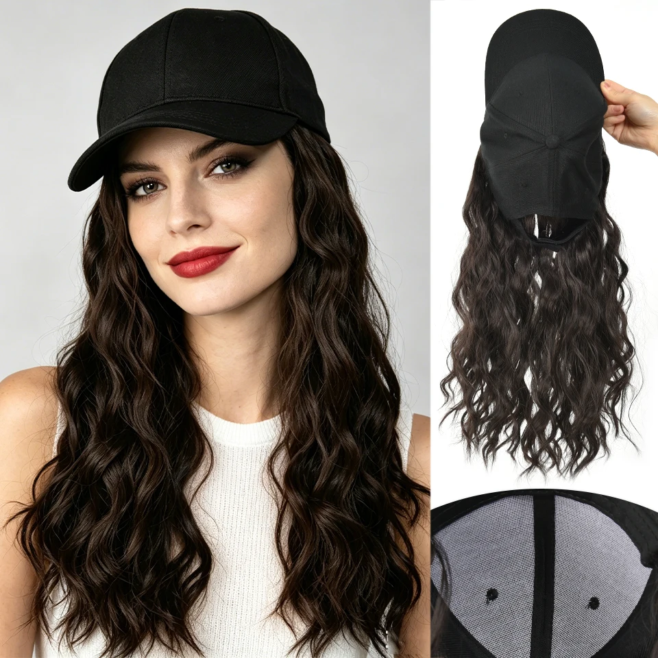 Synthetic black baseball cap wig hat wig one-piece long curly hair wig hat suitable for women's daily party use