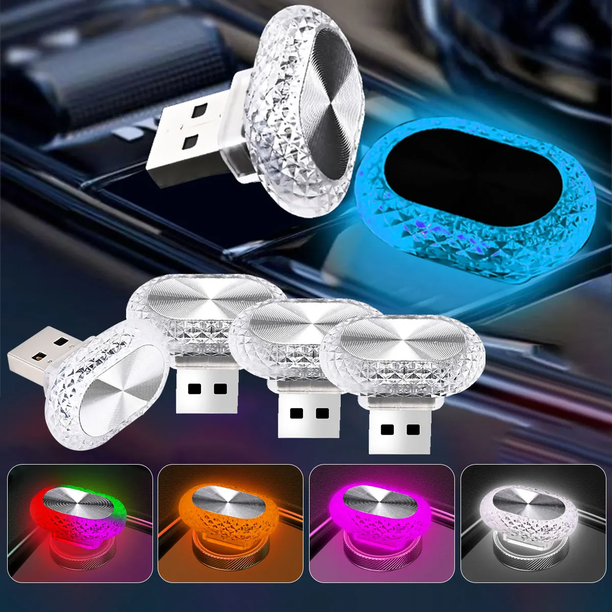 

4PCS USB 5V Car Interior Mini LED Decorative Atmosphere Lamps RGB Colorful Portable Plug And Play Reading Lamp With Type-C Head