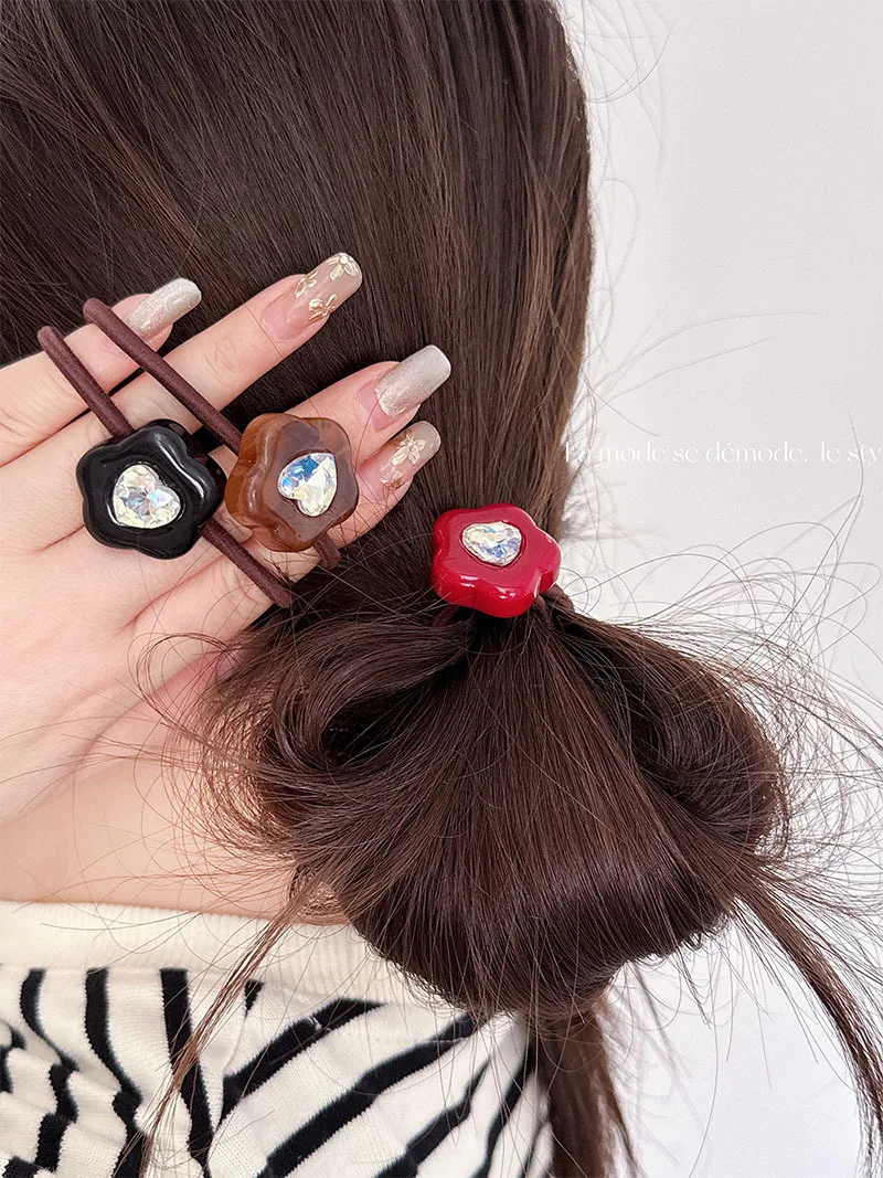 Corde à Cheveux en Acétate avec Strass, Petite Fleur, Cœur, Super Flash, Optique Ronde, Bonne Bande de Caoutchouc Bergame, 402 artificiel astique