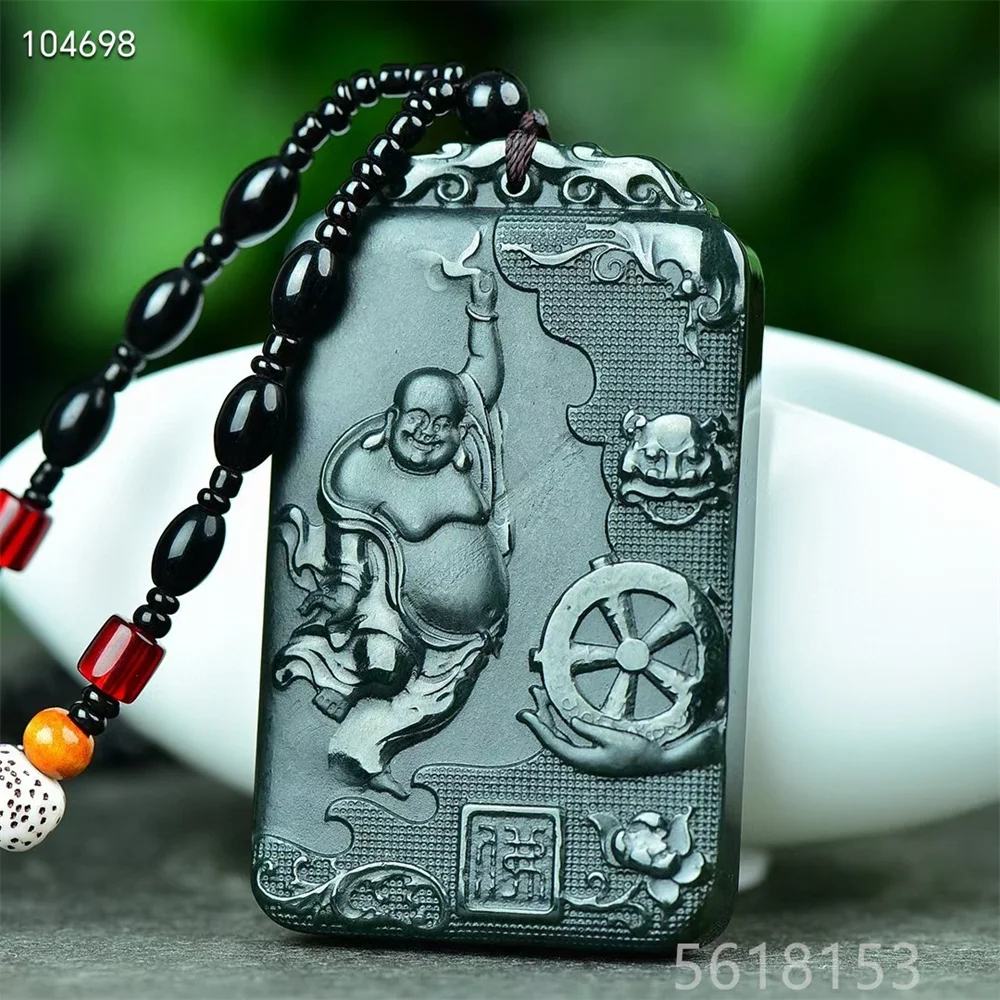 Double sided Hetian Green Jade Buddhism Safe and Successful Square Pendant and Necklace