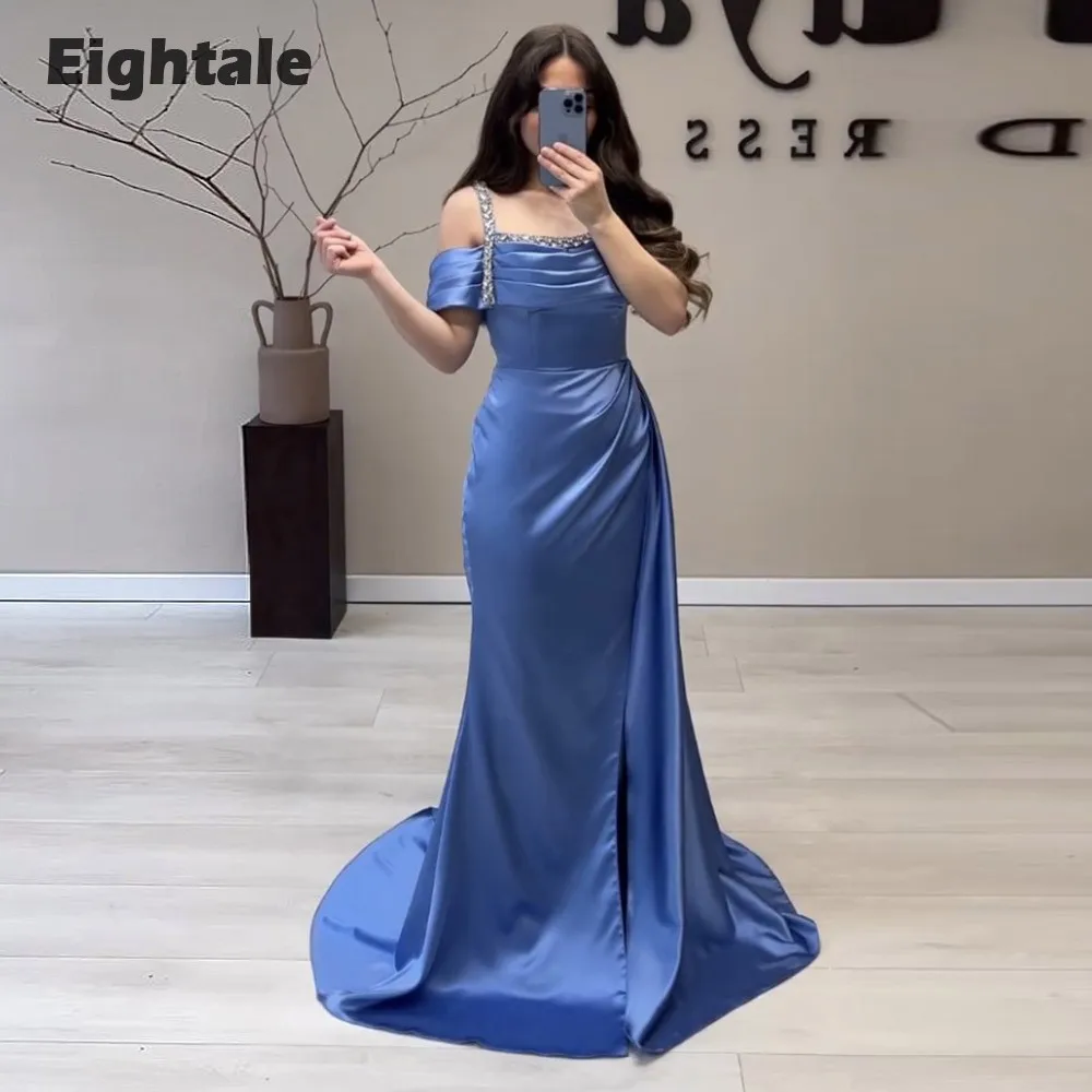 Eightale Dark Green Evening Dress for Wedding Party Beaded Satin Long Sleeves A-Line Arabic Mermaid Plus Size Formal Prom Gowns