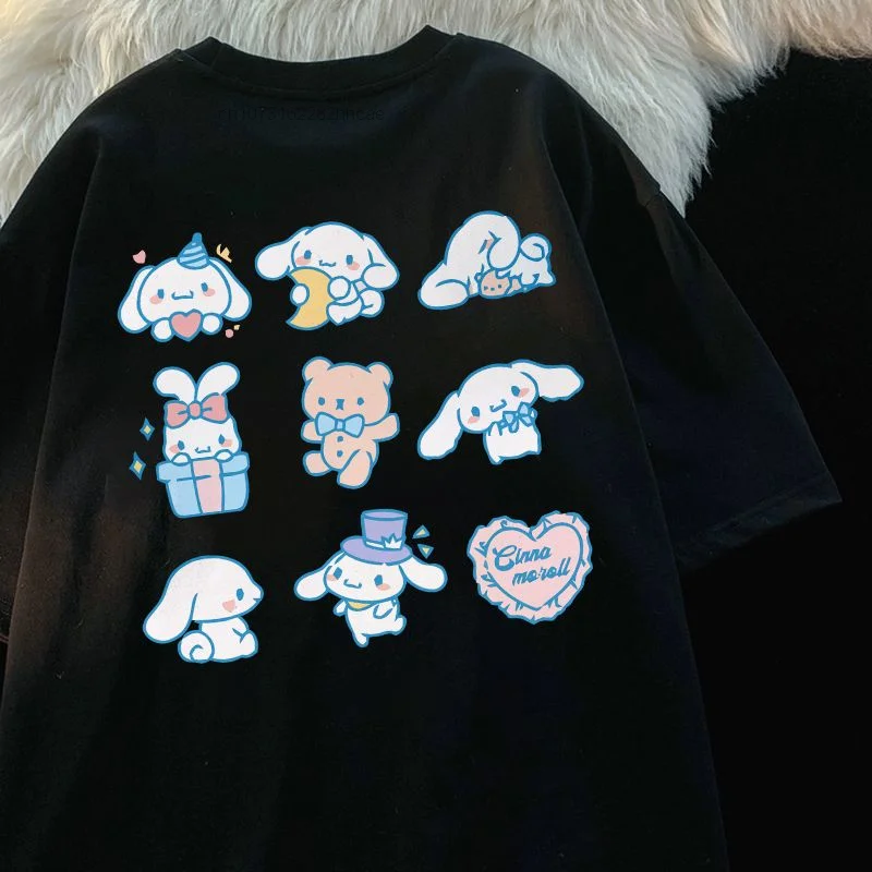 Sanrio Cinnamoroll Casual T-shirt For Women Yk2 Streetwear Hip Hop 2000s Aesthetic Tees Clothing Sweet Korean Style Loose Tops