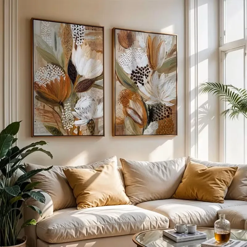 Retro 2pcs Posters Bohemian Style Plant Canvas Abstract Floral Prints Modern Minimalist Interior Home