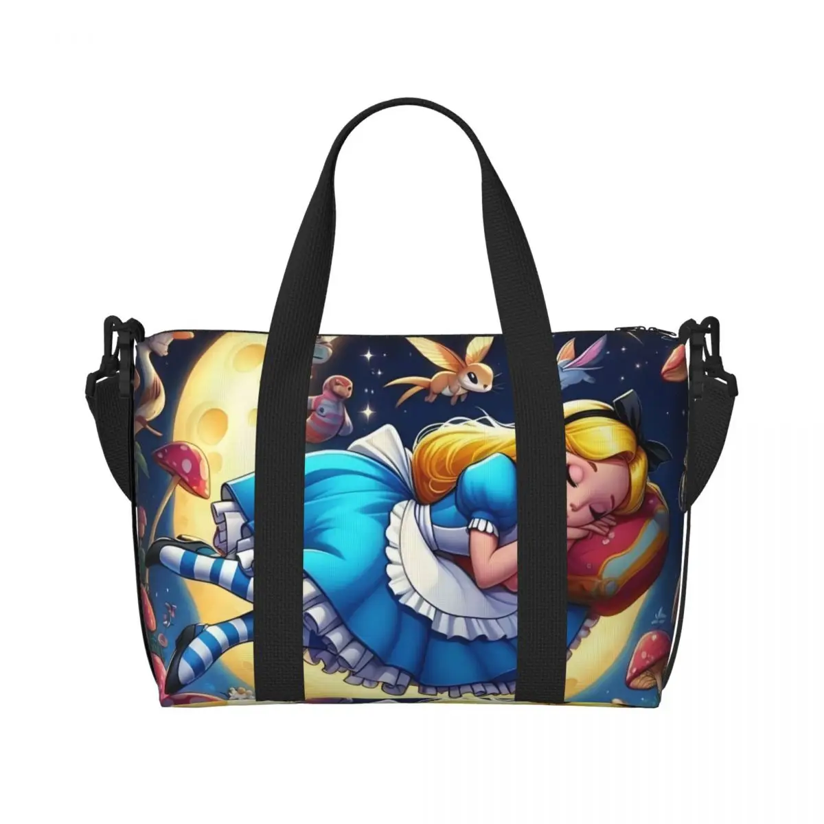 

Custom Alice In Wonderland Tote Bag Women Big Capacity Cheshires Cat Funny Gym Beach Travel Bags