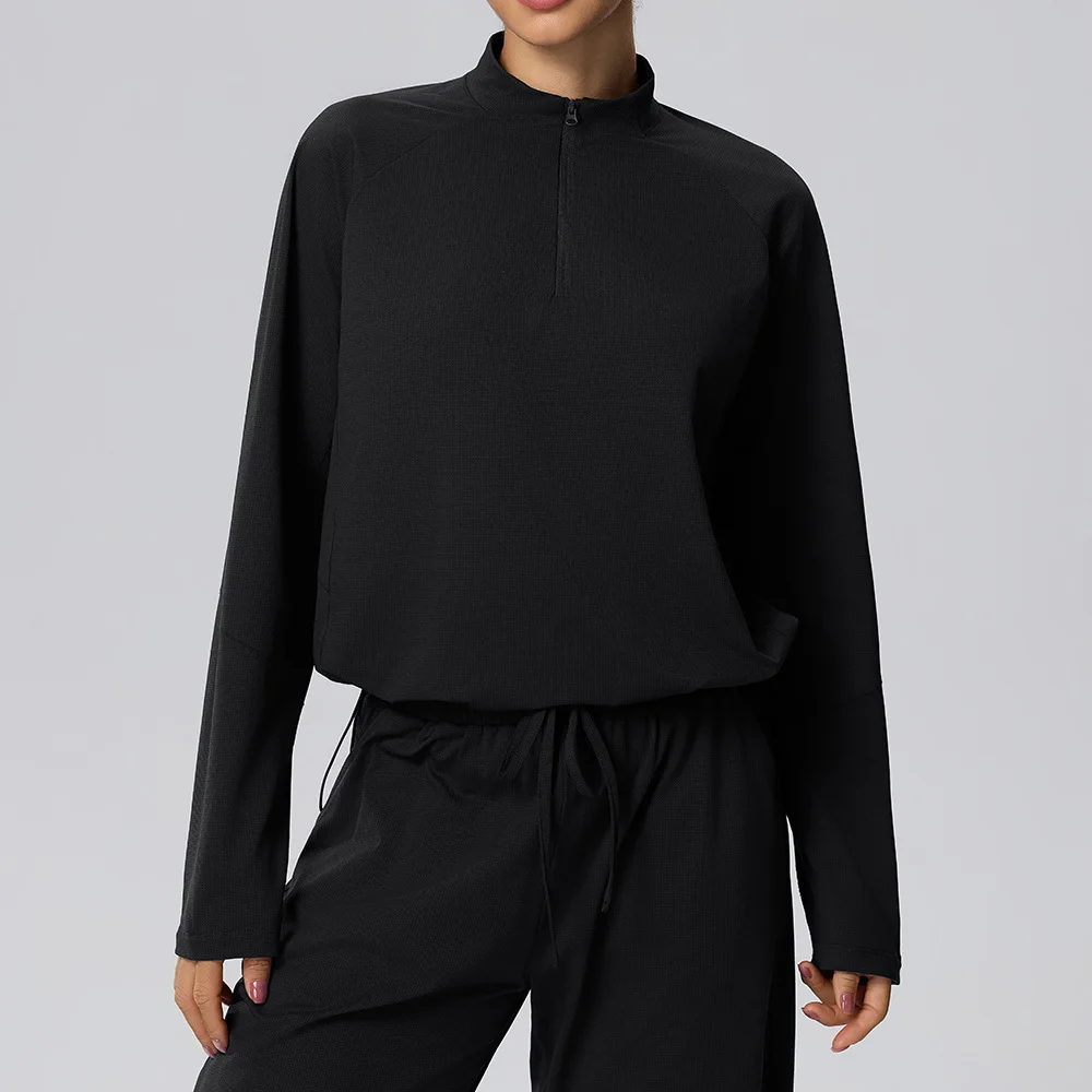 Women Autumn Winter Long Sleeve Sports Top Lightweight Quick Dry Waffle Stand Collar Half Zip Sweatshirt Fitness Casual Shirt