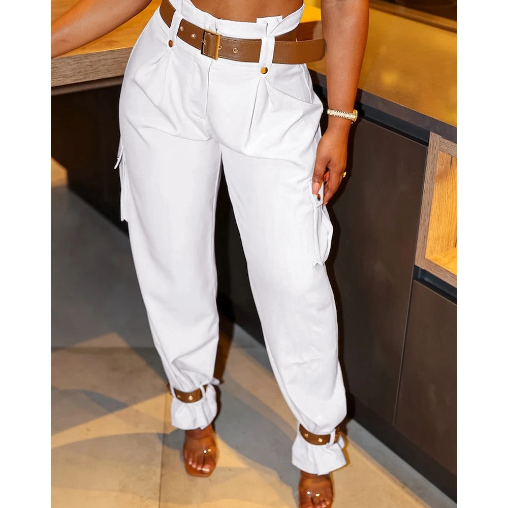 

High Waist Pocket Design Buckle Hem Wide Leg Pants With Belt