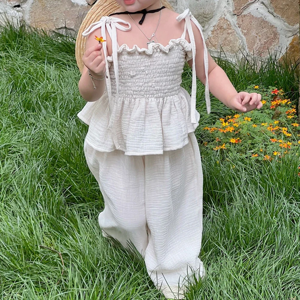 Korean Children Kids Clothing Set Girls Summer Organic Cotton  Camisole Top Lace Wide Leg Pants Trousers Outfits