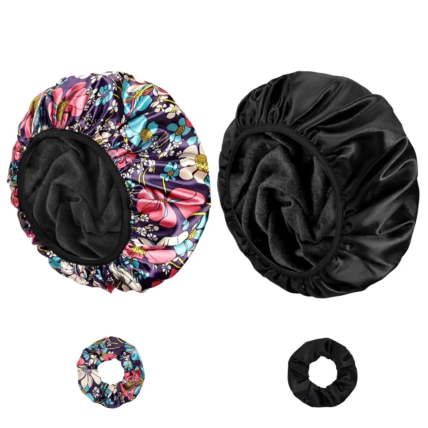 

Shower Caps for Women, 2 PCS 3 Layers Terry Lined Shower Cap + 2 Satin Scrunchies, Waterproof Terry Cloth Bath Caps Elastic
