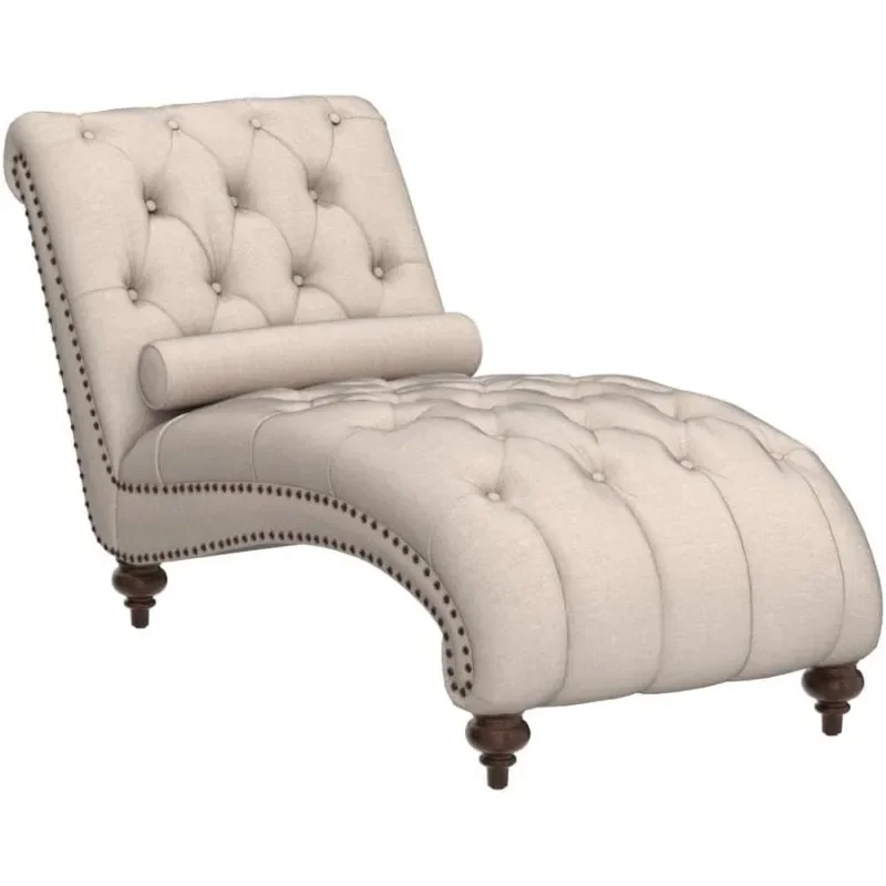 Deedee Linnen Gestoffeerde Chaise Lounge Stoel Met Nailhead Bekleding Voor Woonkamer En Slaapkamer, Standaard, Sneeuwbeige