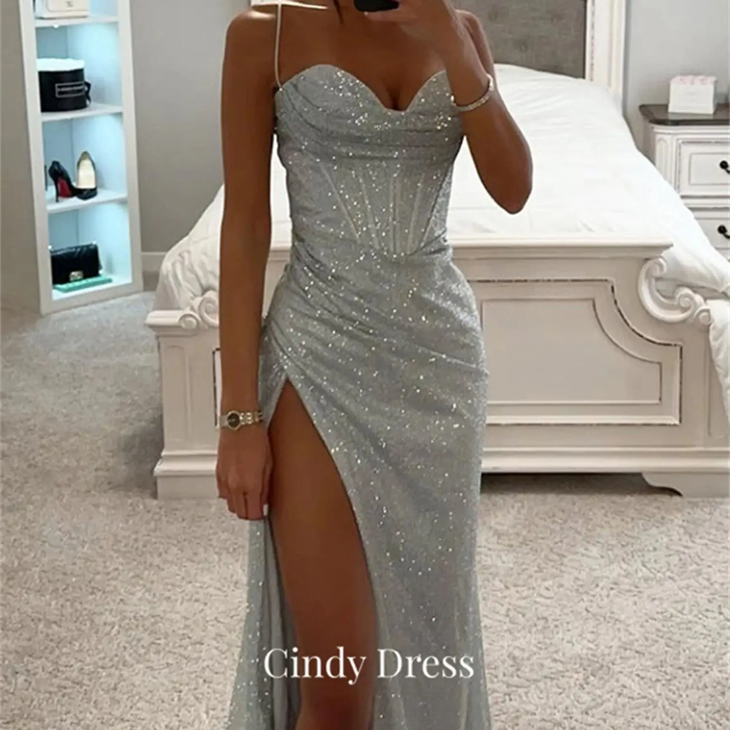 

Cindy Shiny Mermaid Side Slit Spaghetti Straps Gala Dress Formal Occasion Dresses Luxurious Evening Elegant Gowns Women's Prom