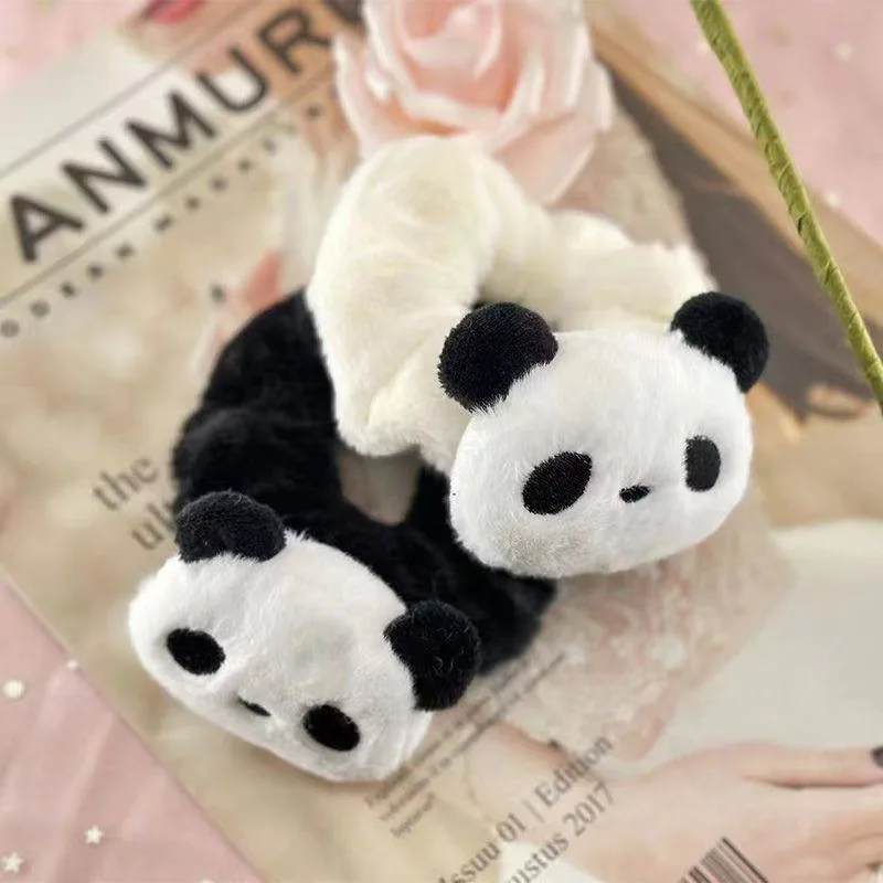Cute Plush Panda Puppy Hair Ties Autumn Winter Fluffy Cartoon Animal Ponytail Elastic Hair Bands Party Head Bands Accessories