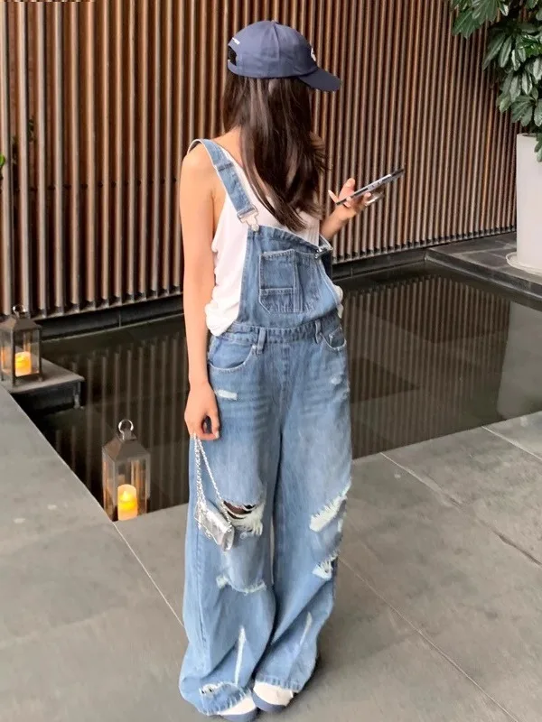 Retro Hong Kong Sle Women's Denim Overalls Summer 2025 Loose High Waist Straight Leg Wide Leg Pants Korean Version