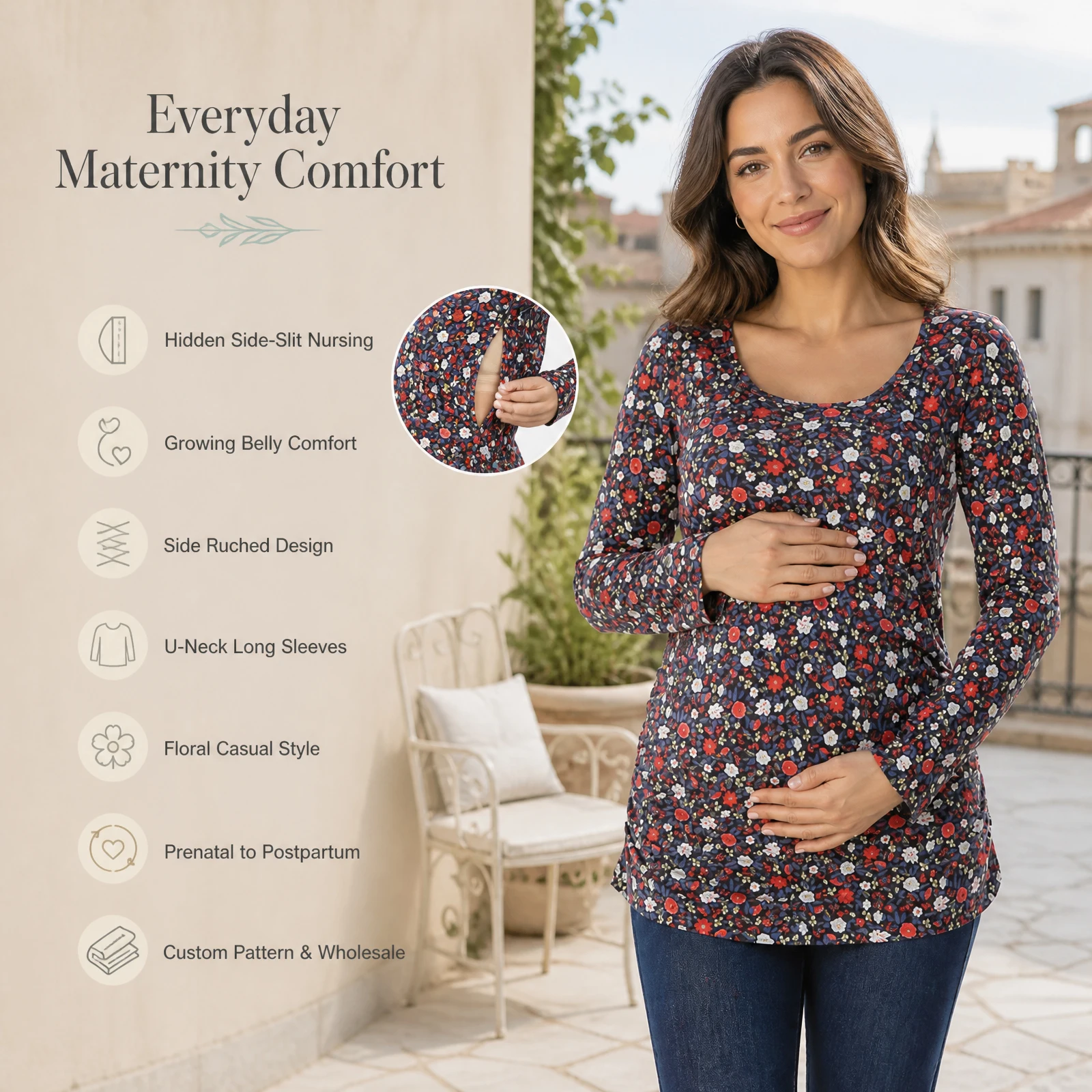 Women Maternity Nursing Top Long Sleeve Crew Neck Hidden Side Zipper Breastfeeding Tee Soft Stretchy Cotton Pregnancy T‑Shirt