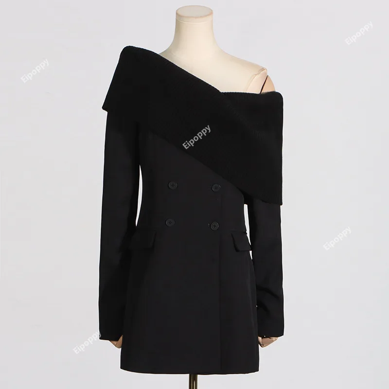 2024 New Fashion Comfort and Casual Style off-Neck Knitted Stitching Long Sleeve off-Shoulder Women's Suit Jacket