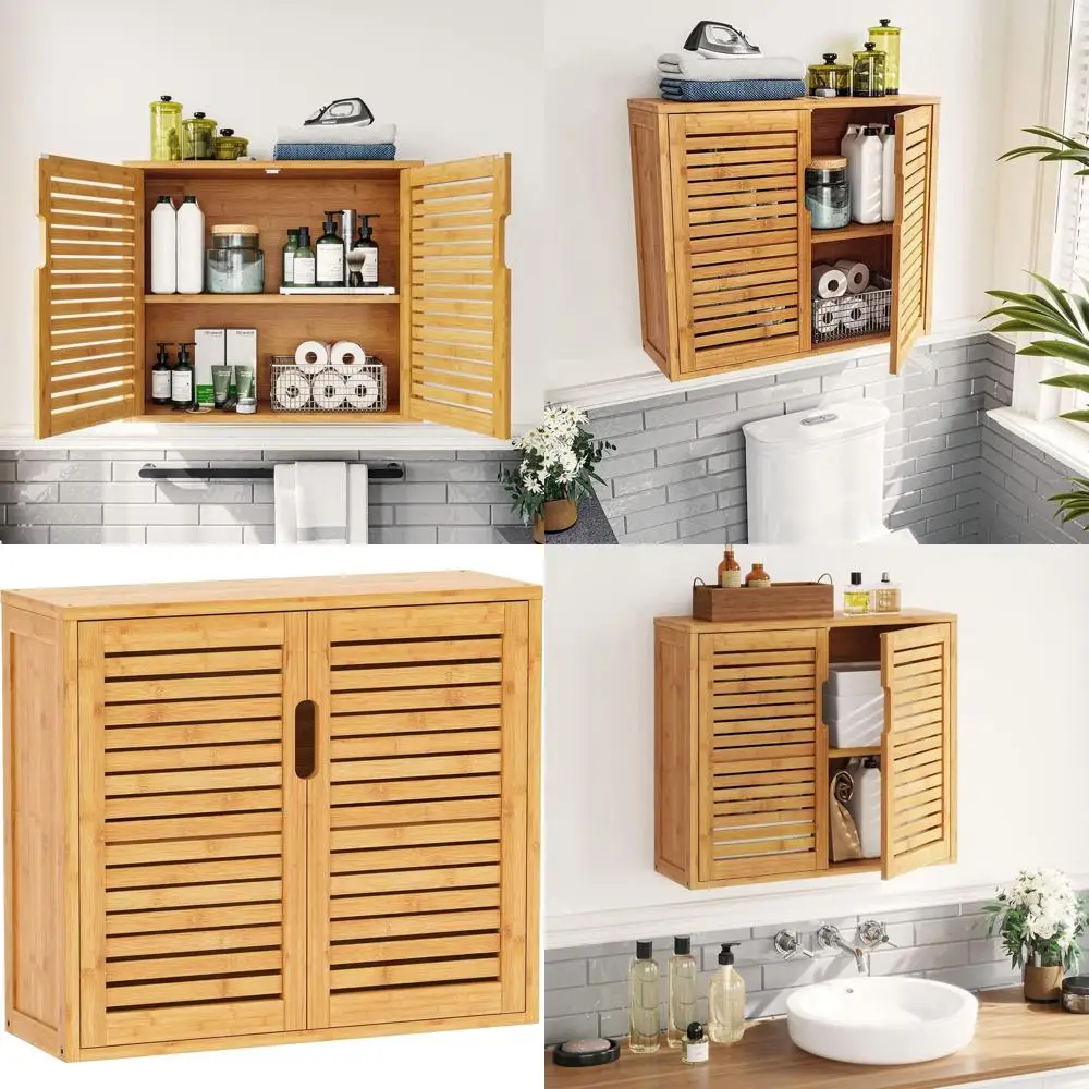 

Bamboo Wall-Mounted Bathroom Storage Cabinet with Adjustable Shelves and Double Door Medicine Cabinet, Over Toilet Organizer, 23