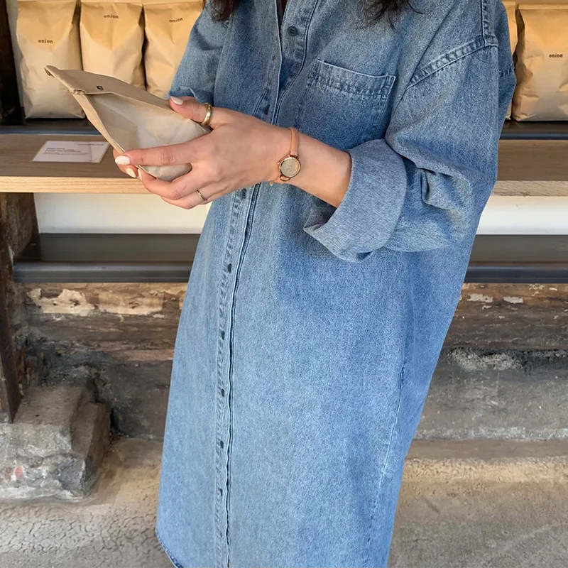 

Loose Women's Denim Skirt Spring New Sle Dongda Gate Lazy Meat Conceal Slimming Dr Cotton Long Sve Button Closure