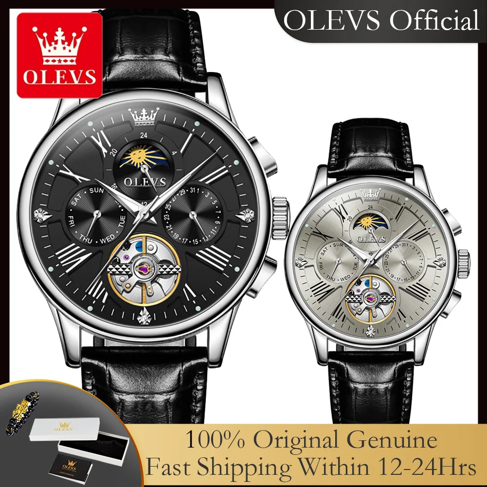 OLEVS 9912 Hollow Automatic Watch for Men Fashion Leather Strap Waterproof Moon Phase Skeleton Flywheel Mechanical Mens Watch es