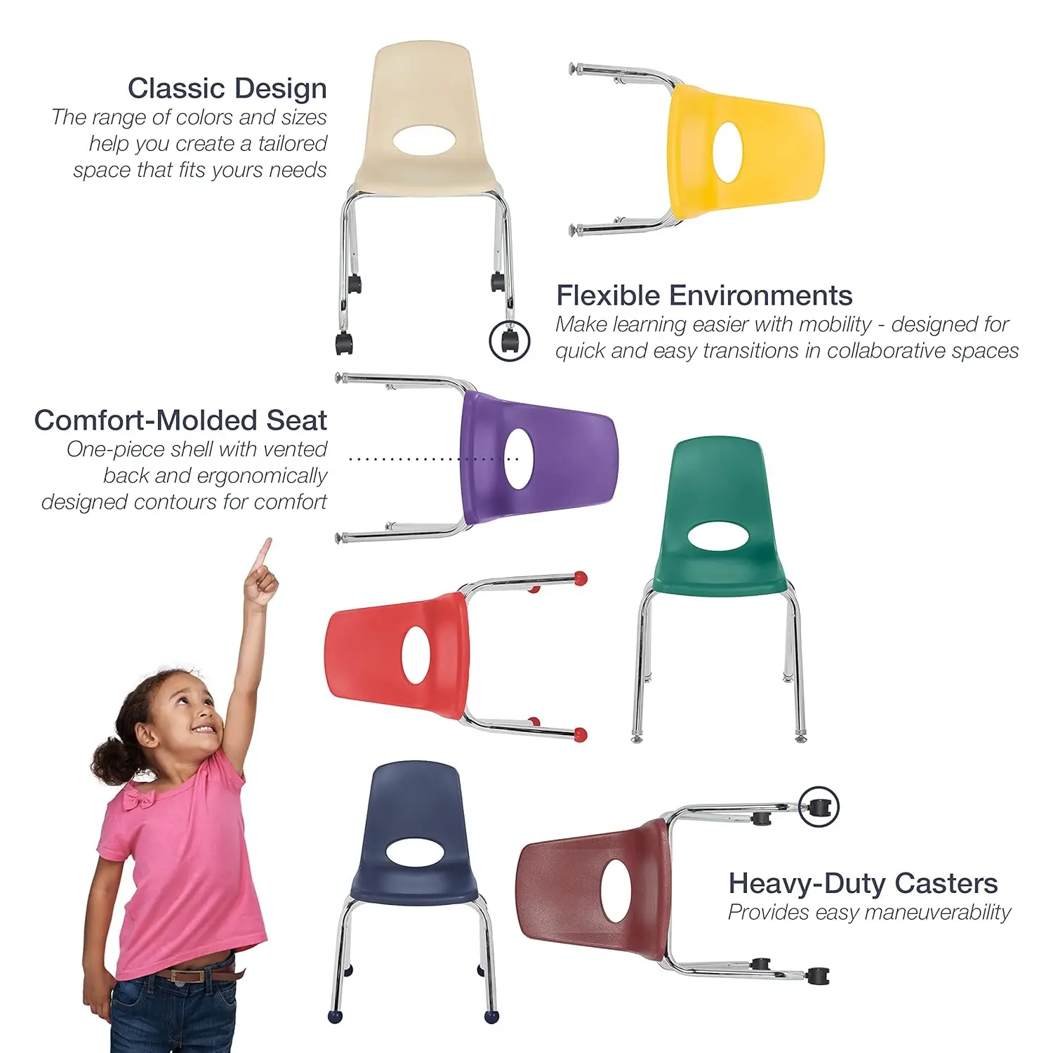 Direct Partners 10372-BK Cadeira escolar móvel de 18" com rodas para crianças, adolescentes e adultos; Assento ergonômico para aprendizagem em casa, Cl