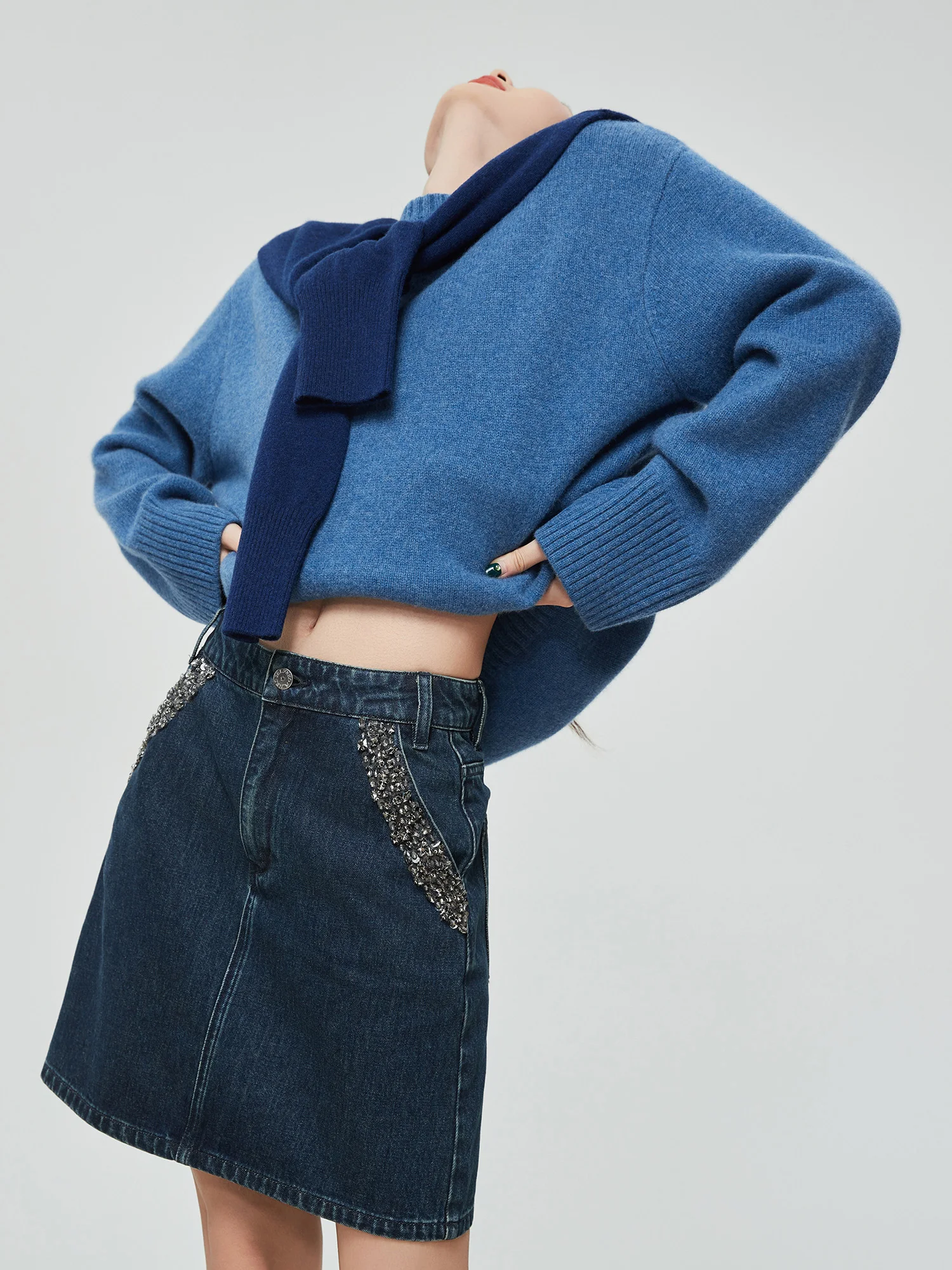 

Американский ретро-свитер с капюшоном синего цвета, женский, в корейском стиле, свободный крой, высококачественный вязаный топ, повседневный, расслабленный фасон