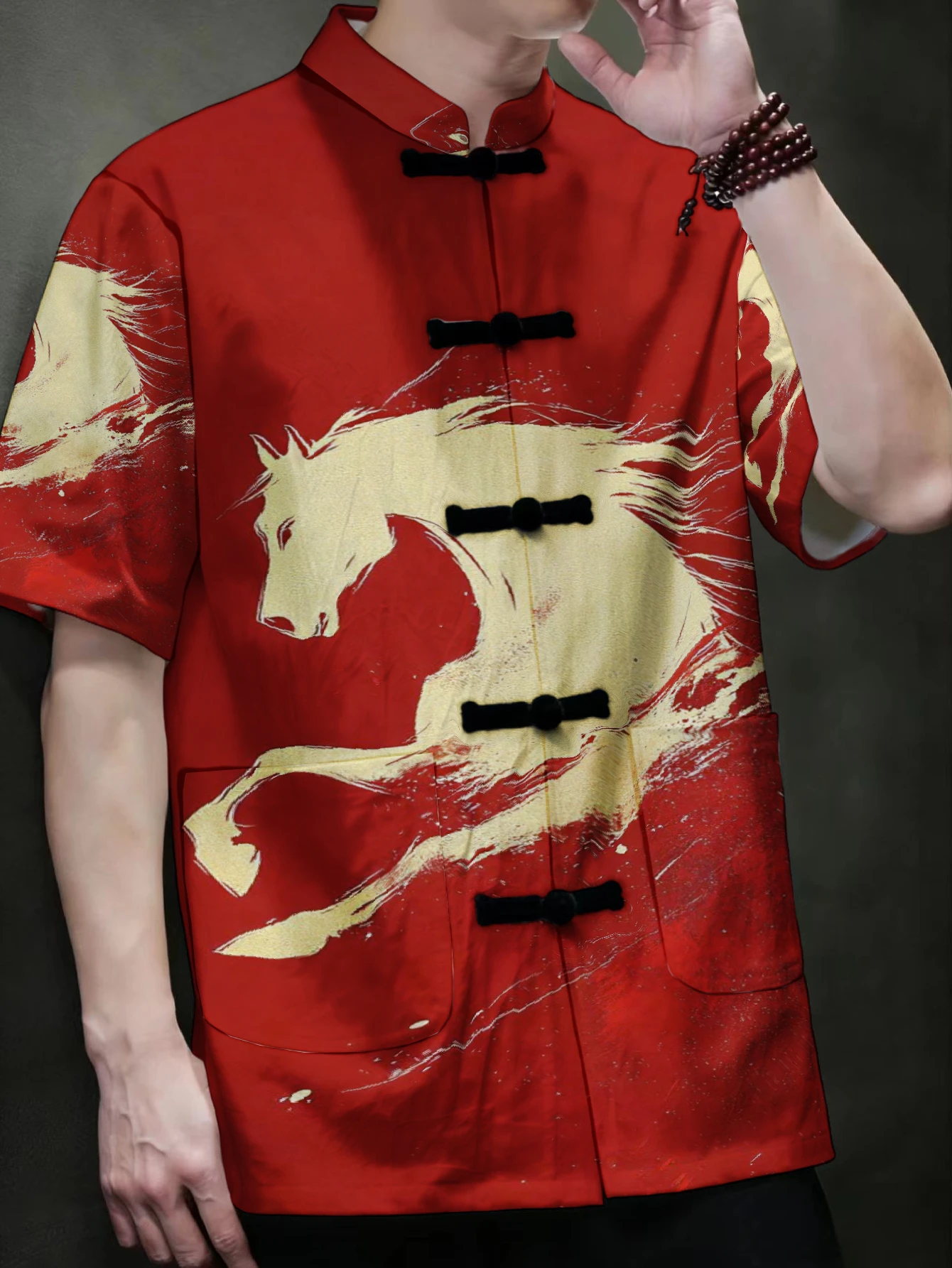 Mens Mandarin Collar Tang Top Golden Horse Print Frog Button Casual Shirt