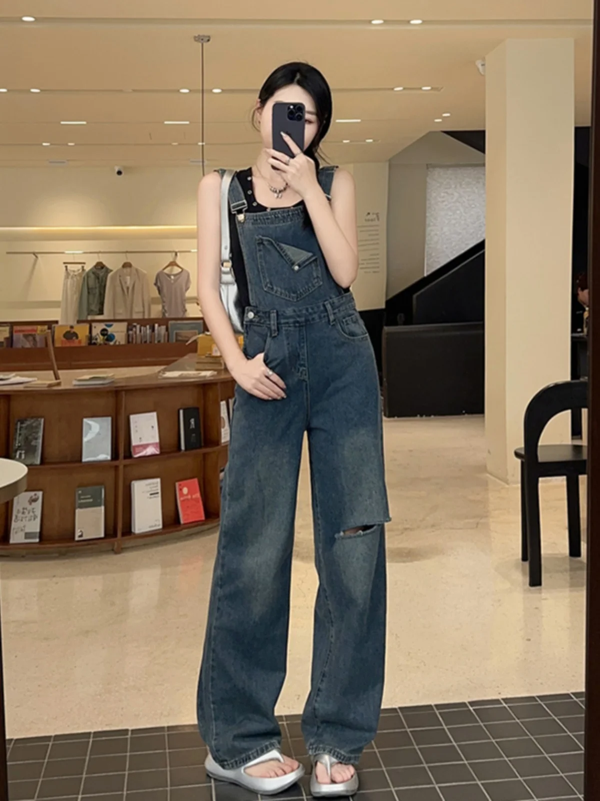 

Loose Wide Leg Jeans Women's Summer Style High Waist Design Hole Youthful Denim Overalls Cotton Stretch Fabric All Seasons