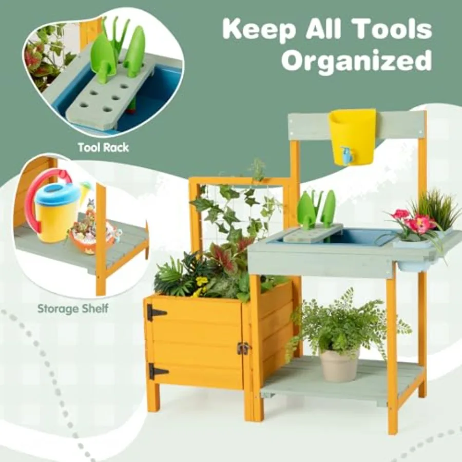Potting Bench Table, Fir Wood Outdoor Play Kitchen for Toddler, Transparent Root Viewer Window and Garden Trellis for Climbing