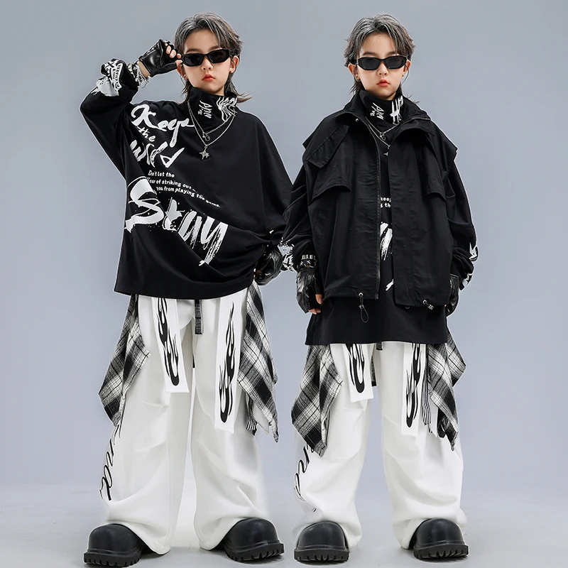 쿨 키드 힙합 댄스 의상 블랙 오버사이즈 탑 화이트 배기 팬츠 청소년 스트리트 댄스 의류 학교 공연 재즈 의상 VDL4733