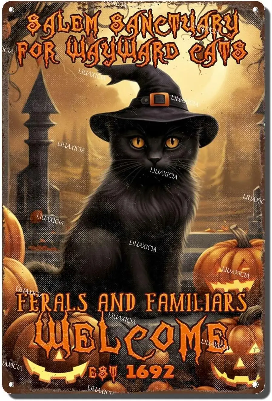 Vintage Wall Decor Sanctuary for Wayward Cats Cat Halloween Tin Sign for Home Living Bedroom Room Kitchen