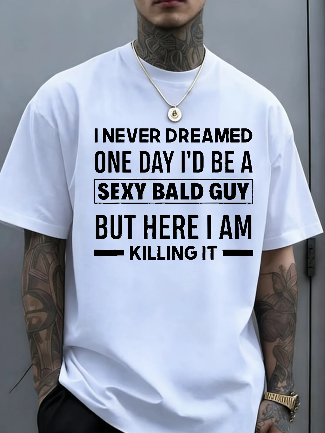 Bald Men's Humorous Quotes T-Shirt Round Neck Design Casual Street Style Medium Stretch Printed Pattern Top Suitable for Sports and Celebrations Blapixianai01 Plus Size