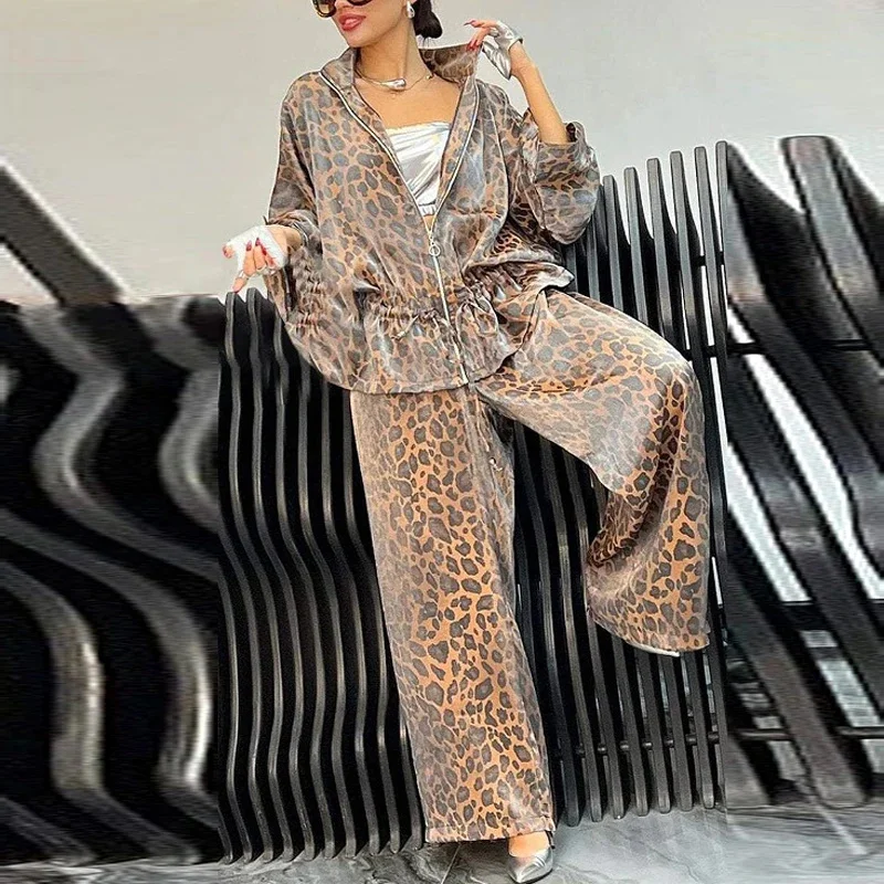 Casual Fashion Leopard 2 Piece Sets Women Lapel Zipper Drawstring Shirt Coats Wide Leg Pants Outfits Fall Long Sleeve Tracksuits