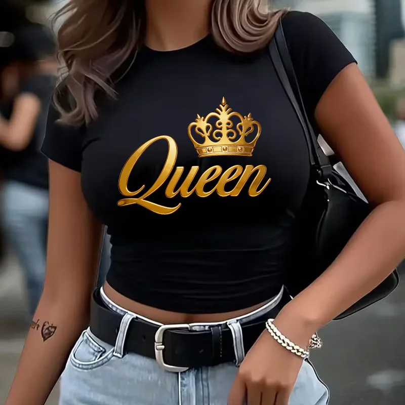 Women's Sexy Cropped T Shirt Golden Queen Crown Print Y2k Crop Tops 90s Graphic Tshirt Fashion Crew Neck Short Sleeve T-Shirt