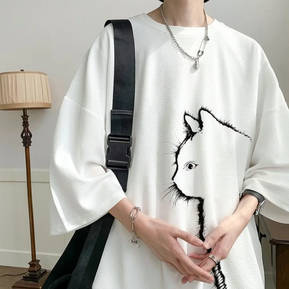 Summer Mens T Shirt Cat Graphic Print Short Sleeve Loose Fit Tee Breathable Quick Dry Oversized Clothing Plus Size Top