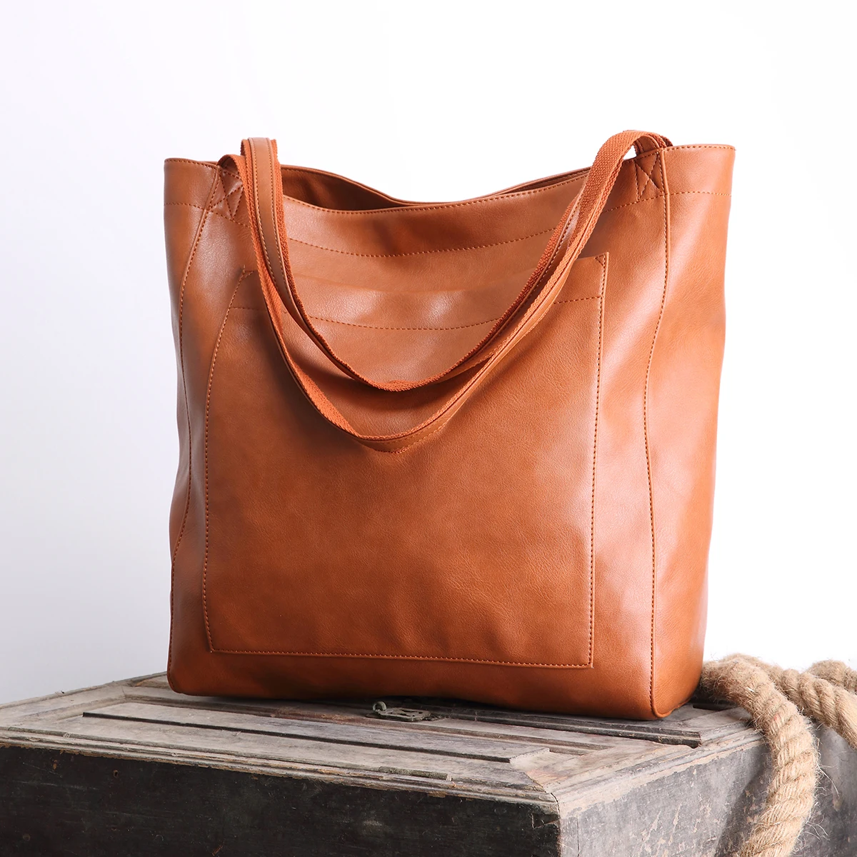 Oil wax pattern soft leather retro vertical Tote bag for women