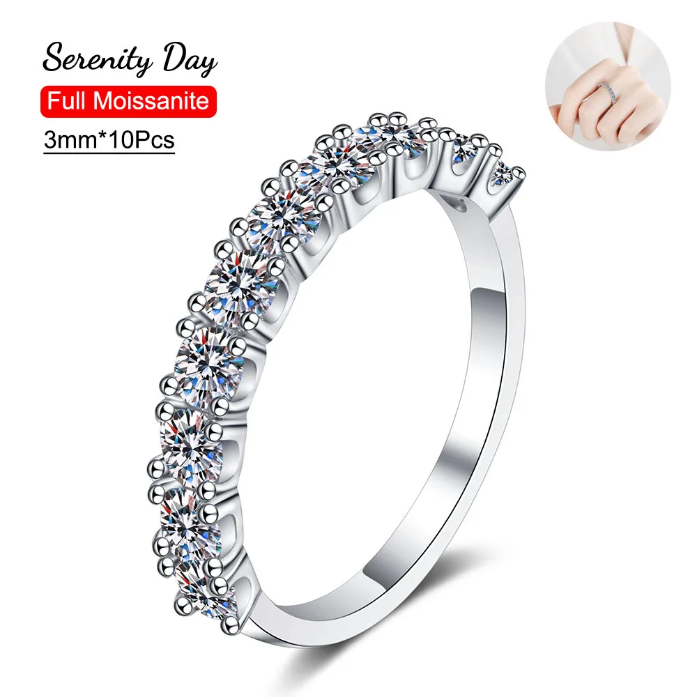 Serenity Day D Color 3mm 10 Stones Full Moissanite Row Rings For Women Gift S925 Silver Bnds Plate Pt950 Fine Jewelry Wholesale