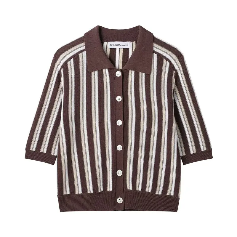 

Spring 2025 Women's Knitted irt Collar ort Sve Striped Outerwear Commute Sle Regular Length Open Cardigan