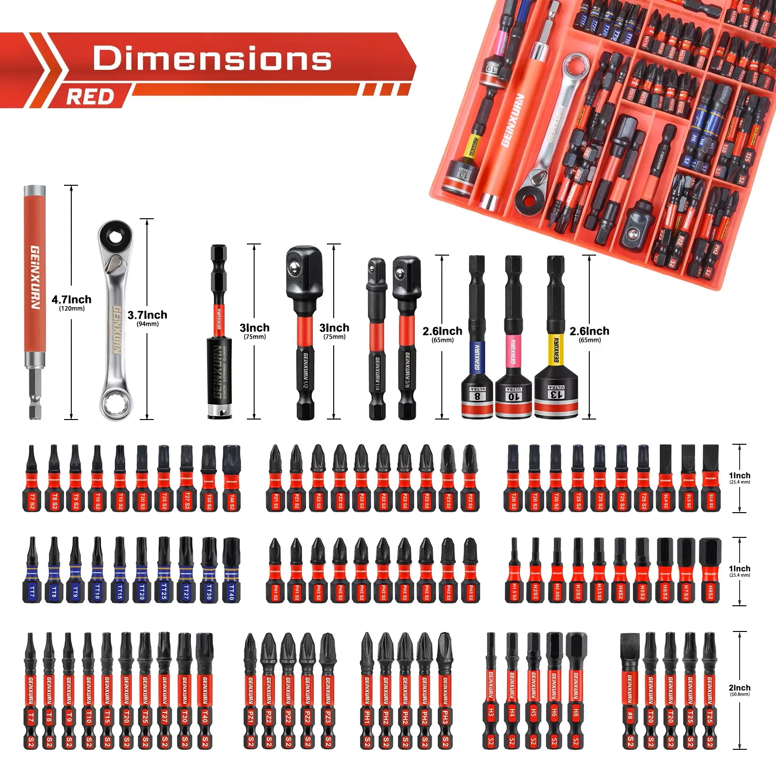 Geinxurn 99PCS  1”/2” Impact Screwdriver Bits Set, Magnetic S2 Steel  Driver Bits Tips and Nut Driver with Storage Box Case