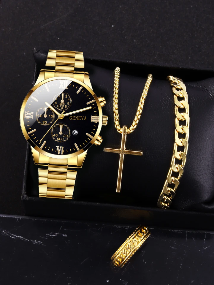 4pcs gold alloy Roman with calendar men's quartz watch and cross