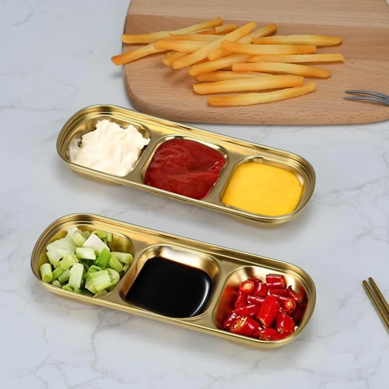Korean 2/3 Compartment Soy Sauce Dish Stainless Steel Divided Dip Plates Seasoning Condiment Dishes for Vinegar Spice Suger