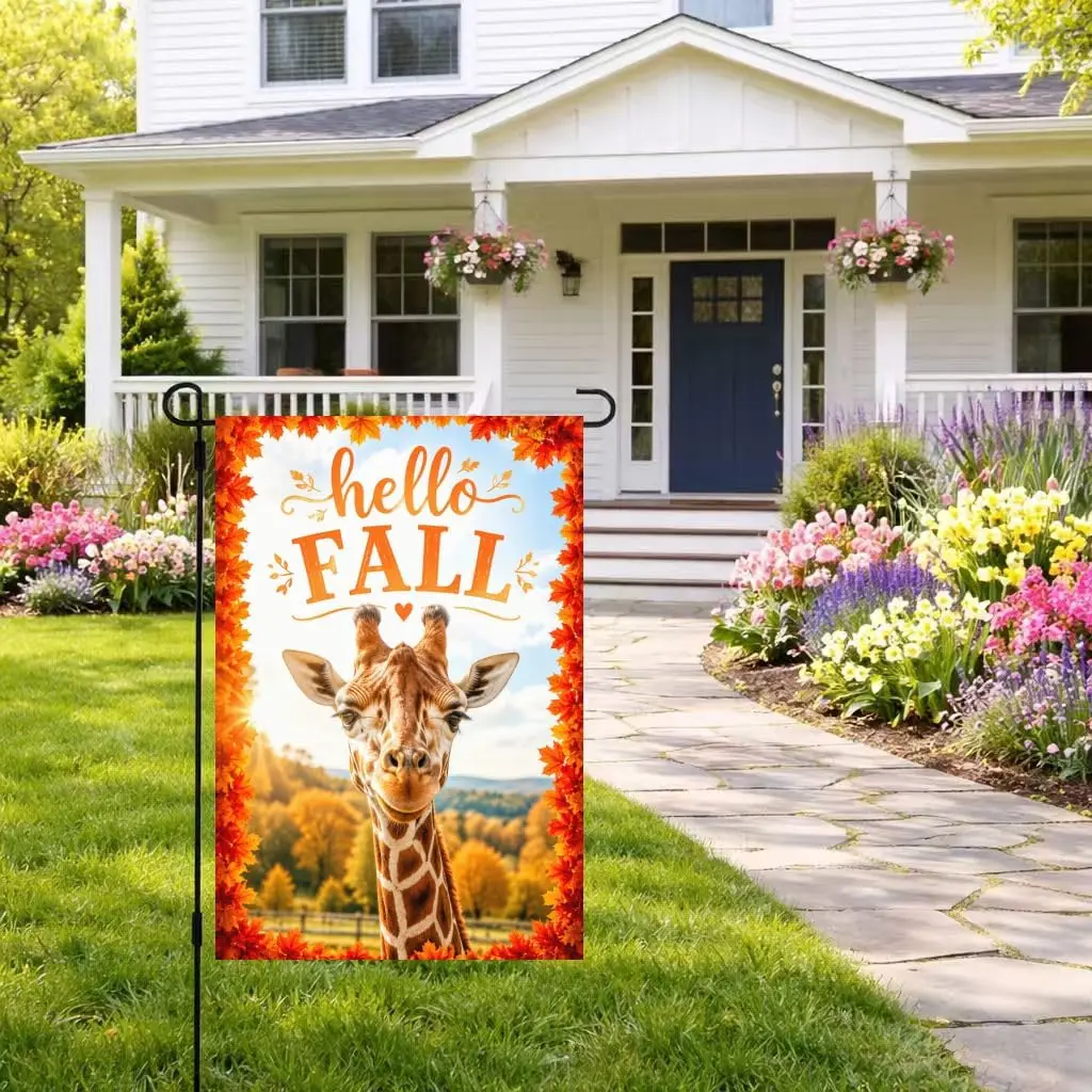 Giraffe Garden Flag Linen 12x18 Inch Double Sided Outdoor Yard Decor Rustic Autumn Giraffe in Forest Meadow Scene Bright Fal aaz